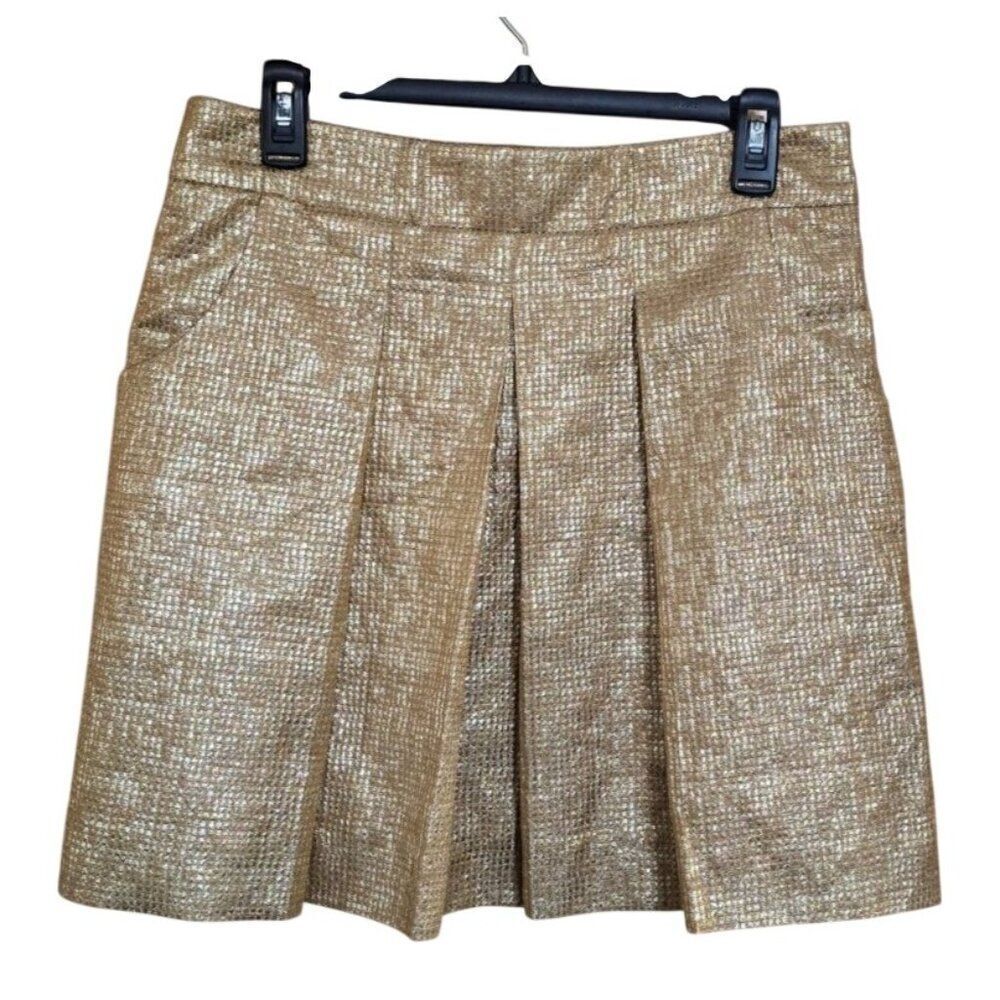 J. Crew Collection Gold Metallic Pleated Mini Skirt glam chic elegant bling